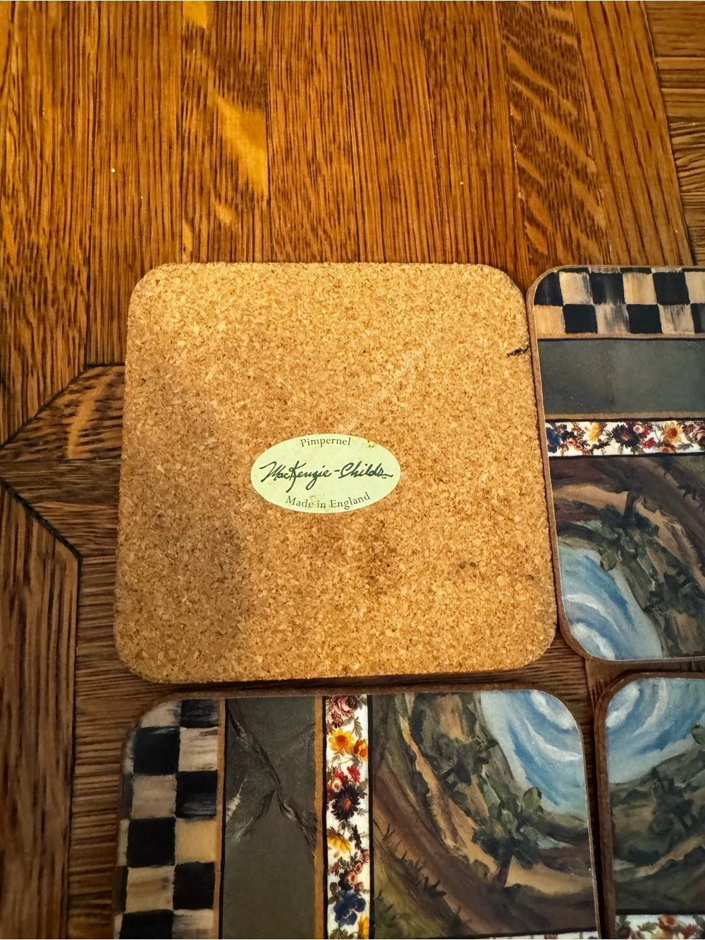 MacKenzie-Childs Black & Cream  Checkered Floral Tile Coasters (Set of 4)